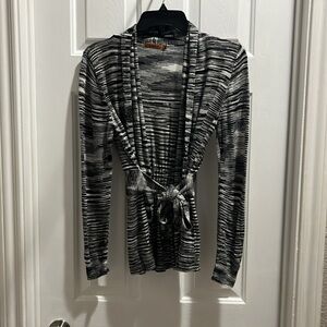 BELLDINI Women's M Marled Knit Tie Sash Close Cardigan Black white